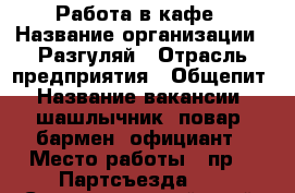 Работа в кафе › Название организации ­ Разгуляй › Отрасль предприятия ­ Общепит › Название вакансии ­ шашлычник, повар, бармен, официант › Место работы ­ пр.22 Партсъезда 72 - Ставропольский край, Минераловодский р-н, Минеральные Воды г. Работа » Вакансии   . Ставропольский край